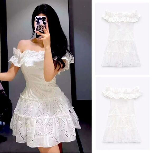 Zara white off shoulder open work embroidered dress - Picture 2 of 12